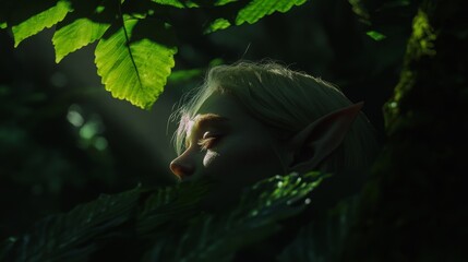 The image depicts a relaxing elf princess girl asleep in the forest and having a relaxing anime style background background wallpaper