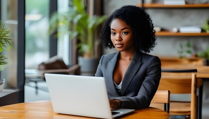 Confident young black businesswoman in summer attire working on laptop in contemporary office setting