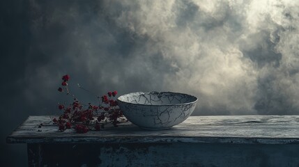 Wall Mural - A rustic bowl on a weathered table, surrounded by delicate flowers against a moody backdrop.