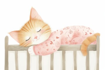 Adorable kitten sleeping in pink pajamas on crib