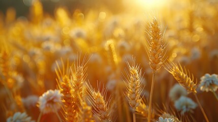 Rustic wheat field background with shallow depth of focus. Golden ears of grain on a meadow landscape, on a sunny day, with a blurred nature backdrop. A picnic or food concept. Vintage color tone.