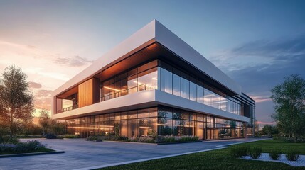 Canvas Print - Twilight scene of a modern building designed through BIM technology, showcasing advanced 3D rendering and architectural precision