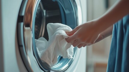 Wall Mural - A person removing freshly washed laundry from a modern front-loading washing machine in a bright, tidy laundry room during the afternoon