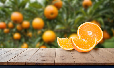 Wall Mural - Rustic wooden table top with blurred background of the orange fruit plantation farm in summer sun