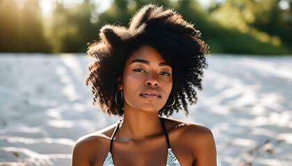 Wall Mural - Sun-kissed beauty of a young African American woman relaxing on white sand beach, embracing summer vibes under clear skies