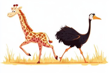 A whimsical illustration showing a friendly giraffe and a quirky ostrich running together in the wild. Ideal for animal-themed children's content, representing freedom and fun.