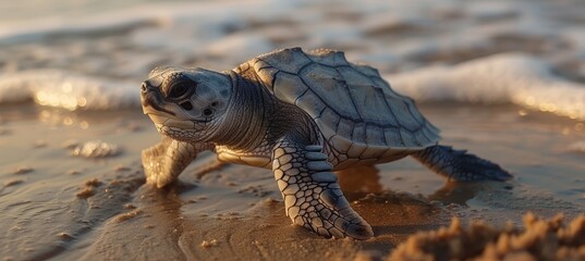 A turtle slowly crawls along the warm sandy beach by the ocean under the bright summer sun