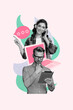 © deagreez - Vertical image collage young woman man remote work job computer support customer service helpline headphones listen speak 3 stars rating