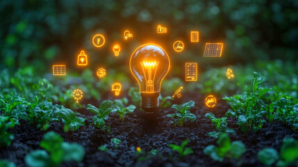 Light bulb is floating over seedlings with icons representing renewable energy sources