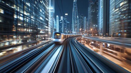 Fototapete - High-resolution view of an electric train speeding through an urban environment, showcasing the blend of modern technology and cityscape.