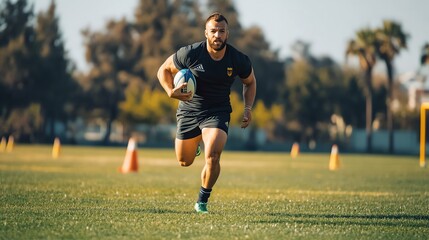 Wall Mural - A rugby player runs across a field with a ball in his hand.