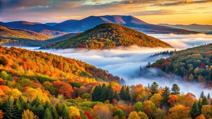 Wall Mural - Serene autumn morning in the Catskill Mountains, with mist-shrouded valleys, golden foliage, and rugged peaks rising above a tranquil rural landscape.