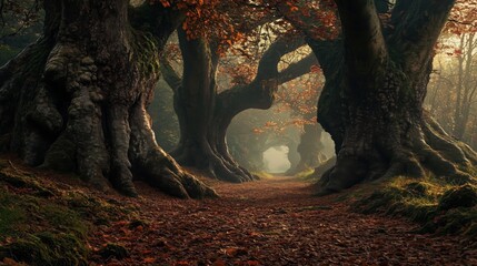 Wall Mural - a forest path with trees on either side. the trees are bare and the leaves are brown