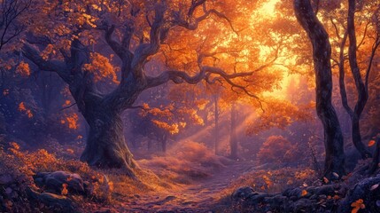 Wall Mural - a forest scene with a tree in the foreground and a path leading to it. the leaves are orange and the