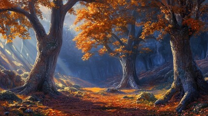 Wall Mural - a forest with trees in the foreground and background. the trees are orange and the sky is blue