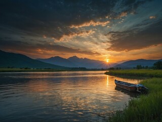 Poster - Sunset over mountains with a small boat in the river.