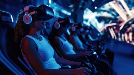 A group of women are playing a video game in a dark room. They are all wearing virtual reality headsets and holding controllers. Scene is fun and exciting