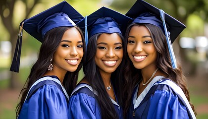 Joyful college graduation celebration featuring three beautiful American students in traditional regalia