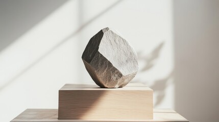 Wall Mural - A sculptural stone displayed on a wooden pedestal, illuminated by natural light.