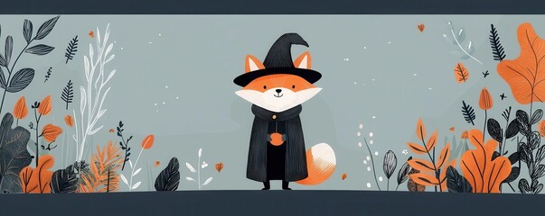 Fox in a wizard costume, standing in a magical forest, flat design illustration