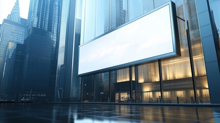 Wall Mural - A large white billboard is displayed in front of a tall building in a city. The billboard is empty, but it is clear that it is meant to be a place for advertisements