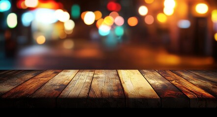 Leinwandbilder - The general background of the interior is dark, with wooden table and blurred bokeh background. Neon light and night view.