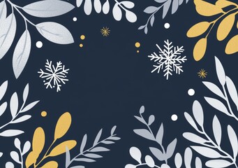 Fototapete - An empty space for text in a frame of silver leaves and snowflakes for Christmas and New Year cards, banners. Top view. 3D illustration.
