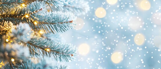 Aufkleber - With snow falling, lights bokeh around the tree, and snow falling, Christmas tree outdoor.