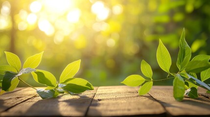 Fototapete - Green leaves and an empty wooden table in natural outdoor setting with beautiful bokeh and sunlight. Natural spring background.