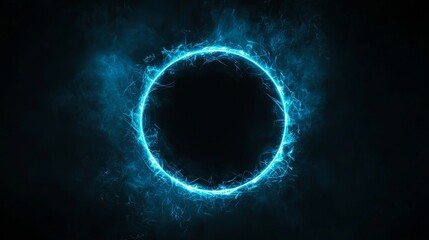 Aufkleber - Text template : Blue neon glow circle with rays and black background.