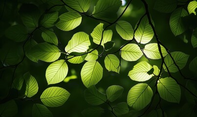 Wall Mural - a leafy tree branch with leaves that are green and shining in the sunlight. concept of peace and tra