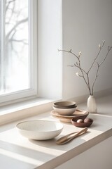 Wall Mural - A serene arrangement of bowls, utensils, and a branch in a sunlit space.