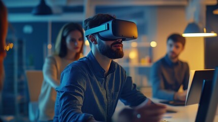 A man wearing a virtual reality headset is sitting at a desk with a woman and two other men. The man is focused on the screen, while the other people look on. Concept of excitement and anticipation