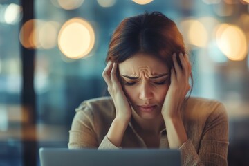 Leinwandbilder - Woman sitting with laptop, hands on head