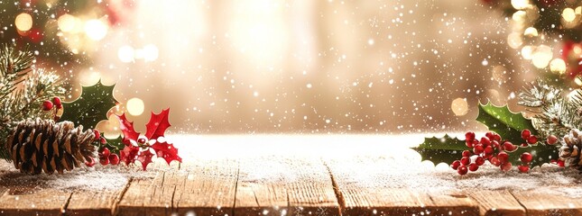 Fototapete - With a wooden table and a Christmas decoration, this is a scenic background for the holiday season.