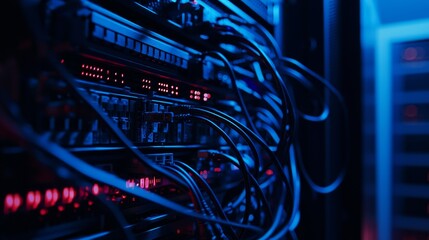 Leinwandbilder - Network background of Internet cables and wires in a server room with switch in a company developing quantum computers.