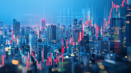 Aufkleber - An investment and trading concept with a financial chart on screen, a metropolis, and a ring of lights.