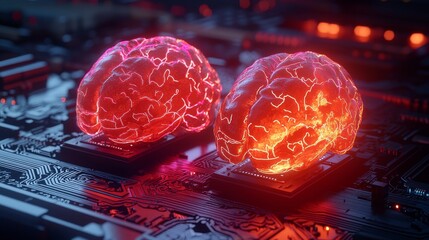 Canvas Print - The fusion of human intelligence and machine learning capabilities is displayed by a glowing human brain at the center of a processor, symbolizing the evolution of technology in the field of data.