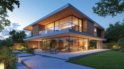 Fototapete - Elegant outdoor lighting illuminates the luxurious modern house and garden at night
