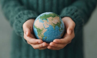 A person gently holding a globe, symbolizing care for the Earth and global unity in a cozy, inviting setting.