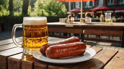 Wall Mural - Cold beer with delicious grilled sausages on a table in a street cafe at a German beer festival