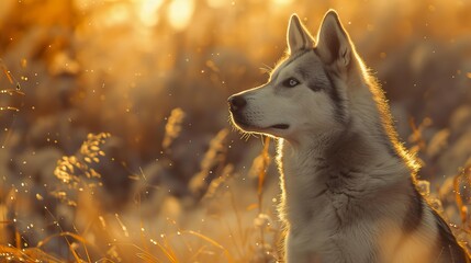 Husky Dog Portrait in Golden Hour Sunset