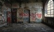 © panumas - A room with graffiti on the walls and a door. The room is empty and has a very dirty and abandoned look