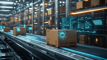 Fototapete - System for tracking delivery and pick-up of packages using augmented reality technology. The future of supply chain and logistics.