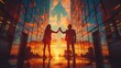 © Sompoch - Contemporary art collage. Two colleagues high-five under upward arrow, celebrating business success and teamwork.