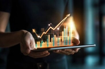 Poster - Marketing campaign through the digital medium, planning and developing a financial and investment business. Viewing growth sales data graphs on a virtual screen by a businessman.
