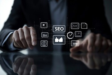 Fototapete - In order to promote ranking traffic on website and optimize your website for search engine visibility, businessmen use laptops to analyze SEO search engine optimization.