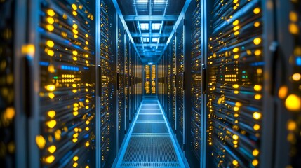 Fototapete - Data center server room with modern rack LED console. Stock image.