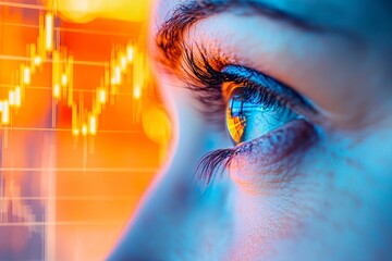 Aufkleber - Chart with human eye in a futuristic background, chart with candlesticks, graph with uptrending stock market background