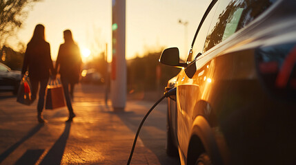 Innovative electric car connected to charging station with future architecture background. Technological advancement rechargeable EV car using alternative clean and sustainable energy.